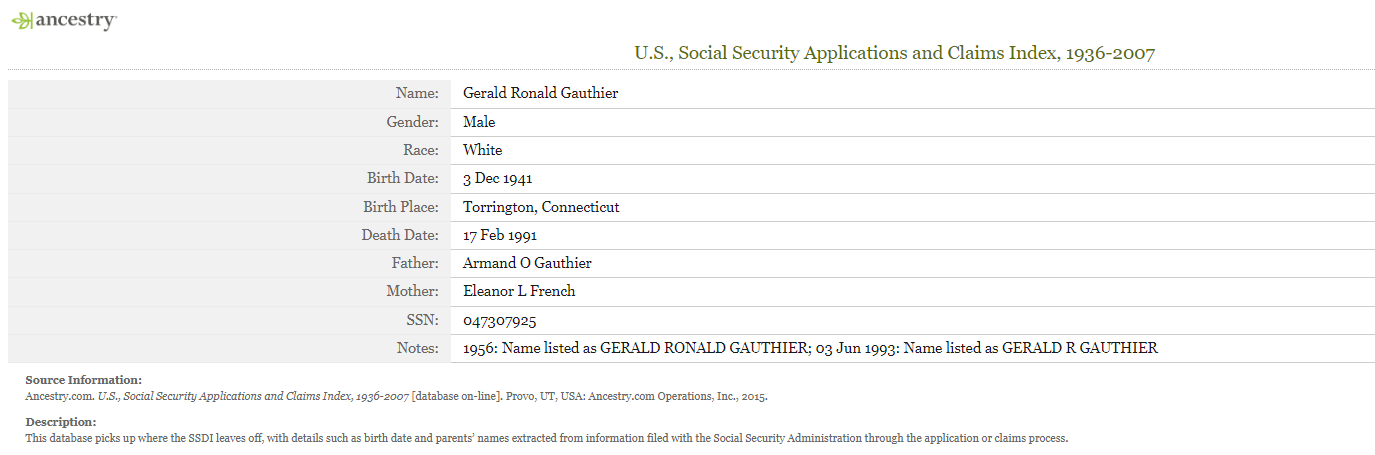 Gerald Ronald Gauthier (Sr) Social Security Death Record
